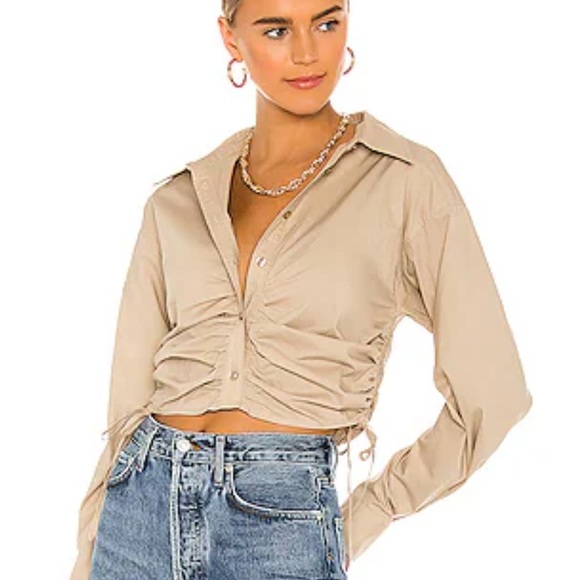 L’ACADEMIE lena blouse khaki revolve ruched cropped cotton button up NWT size S - Picture 1 of 11